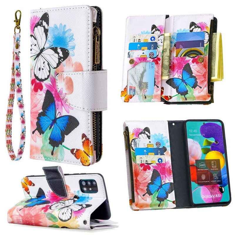 Custodia in pelle Samsung Galaxy A51 Tasca Con Cerniera Per Farfalle