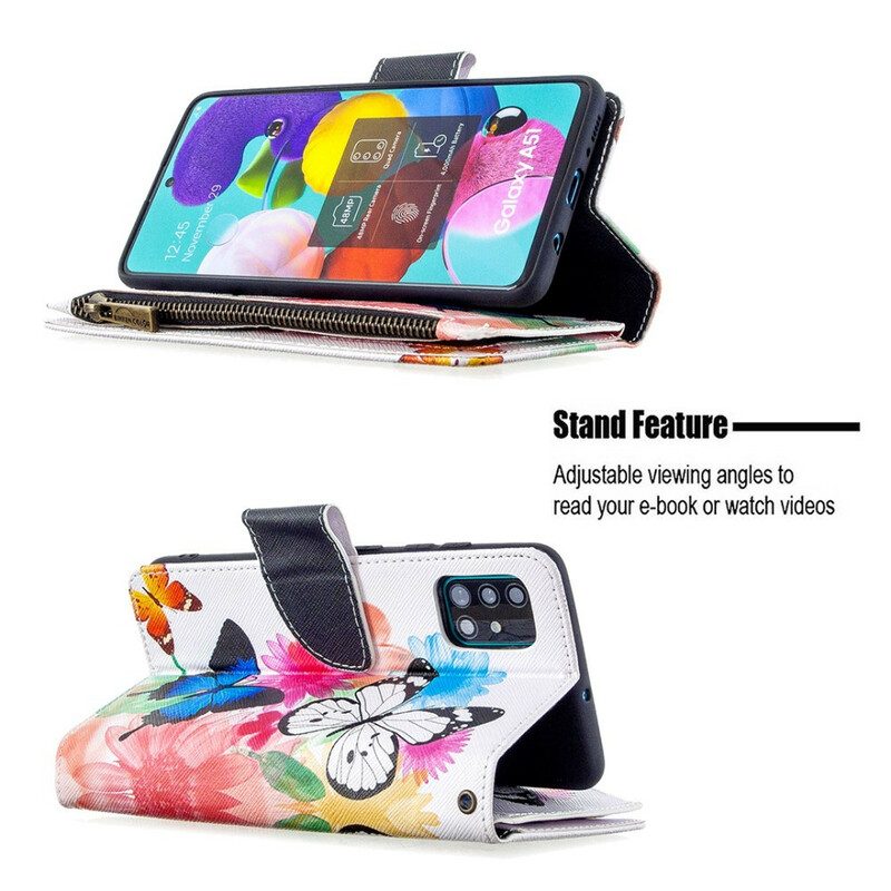 Custodia in pelle Samsung Galaxy A51 Tasca Con Cerniera Per Farfalle