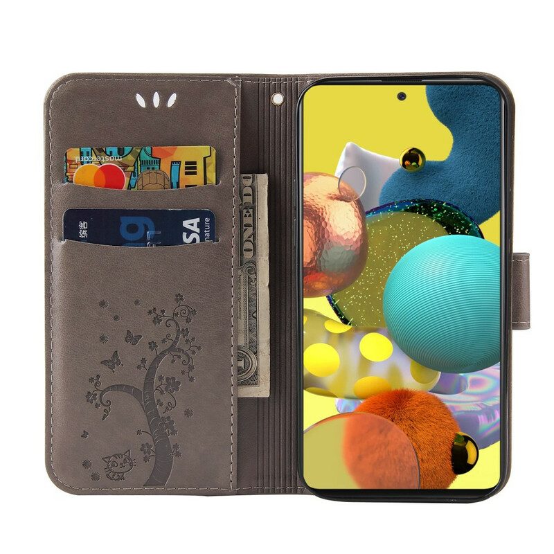Folio Cover Samsung Galaxy A51 Albero E Gatto Con Perlina Sul Cordino