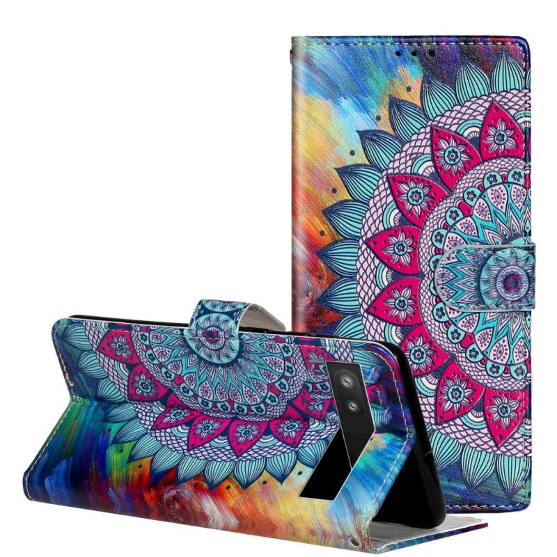 Custodia A Portafoglio Google Pixel 7A Mandala Con Cinghie Colorate