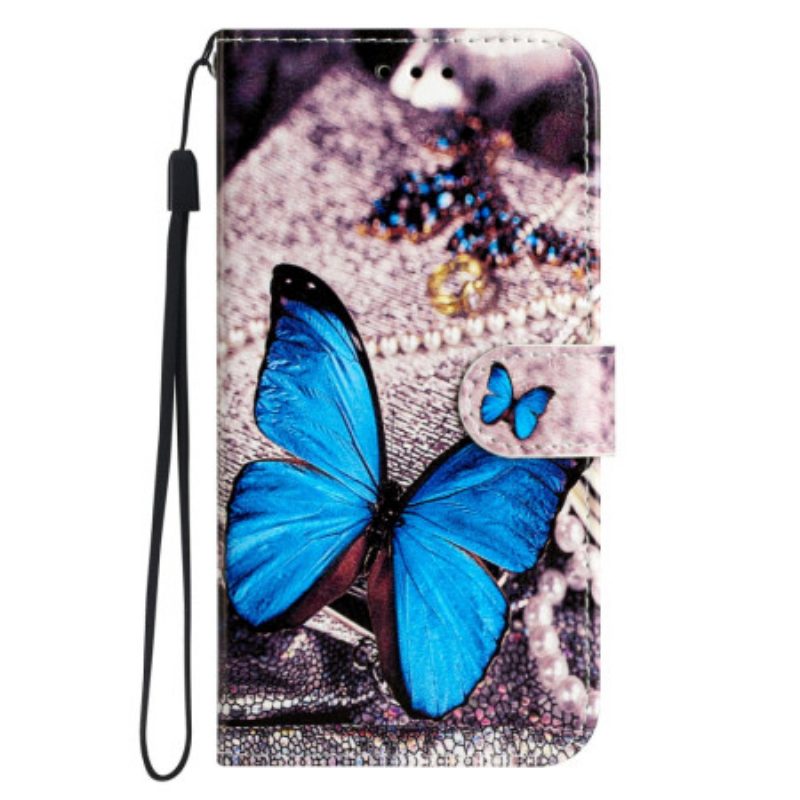 Custodia in pelle Google Pixel 7A Farfalla Blu Con Cinturino