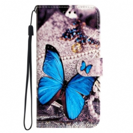 Custodia in pelle Google Pixel 7A Farfalla Blu Con Cinturino