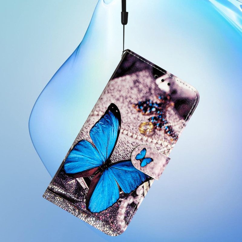 Custodia in pelle Google Pixel 7A Farfalla Blu Con Cinturino