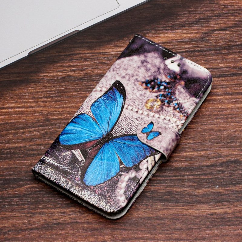 Custodia in pelle Google Pixel 7A Farfalla Blu Con Cinturino