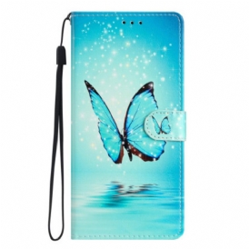 Custodia in pelle Google Pixel 7A Farfalle Blu Con Cinturino