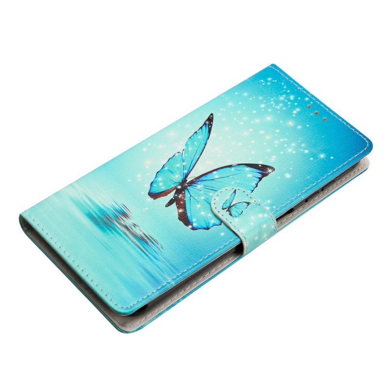 Custodia in pelle Google Pixel 7A Farfalle Blu Con Cinturino