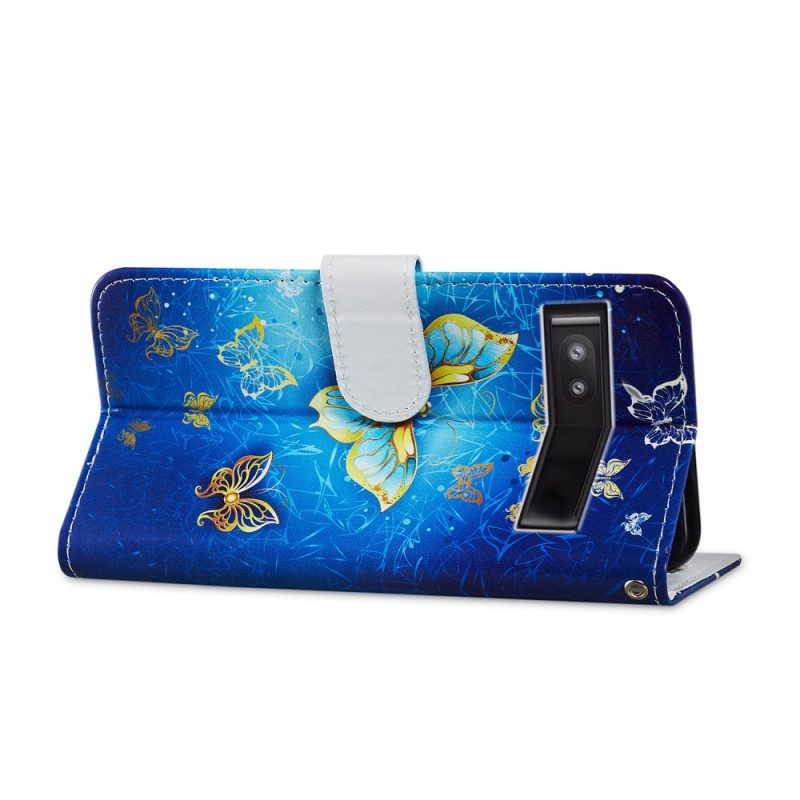 Custodia in pelle Google Pixel 7A Farfalle Dorate Con Cinturino