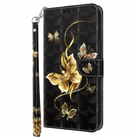 Custodia in pelle Google Pixel 7A Farfalle Dorate Con Cinturino