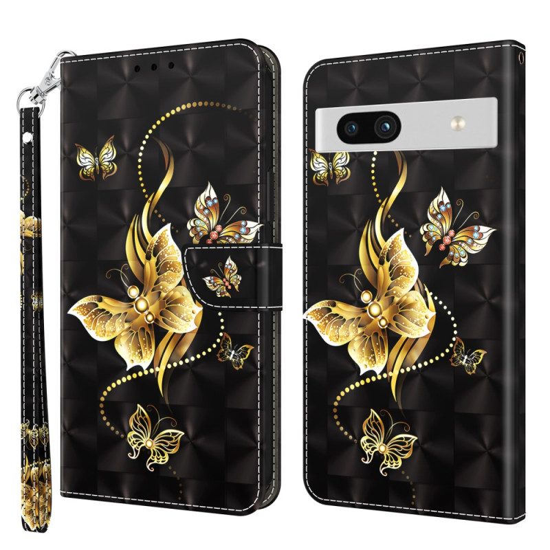 Custodia in pelle Google Pixel 7A Farfalle Dorate Con Cinturino