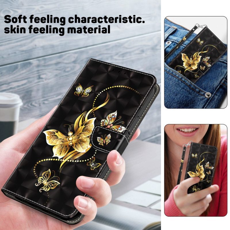 Custodia in pelle Google Pixel 7A Farfalle Dorate Con Cinturino