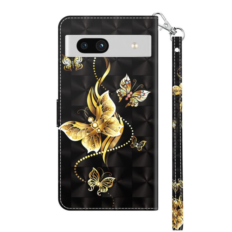 Custodia in pelle Google Pixel 7A Farfalle Dorate Con Cinturino