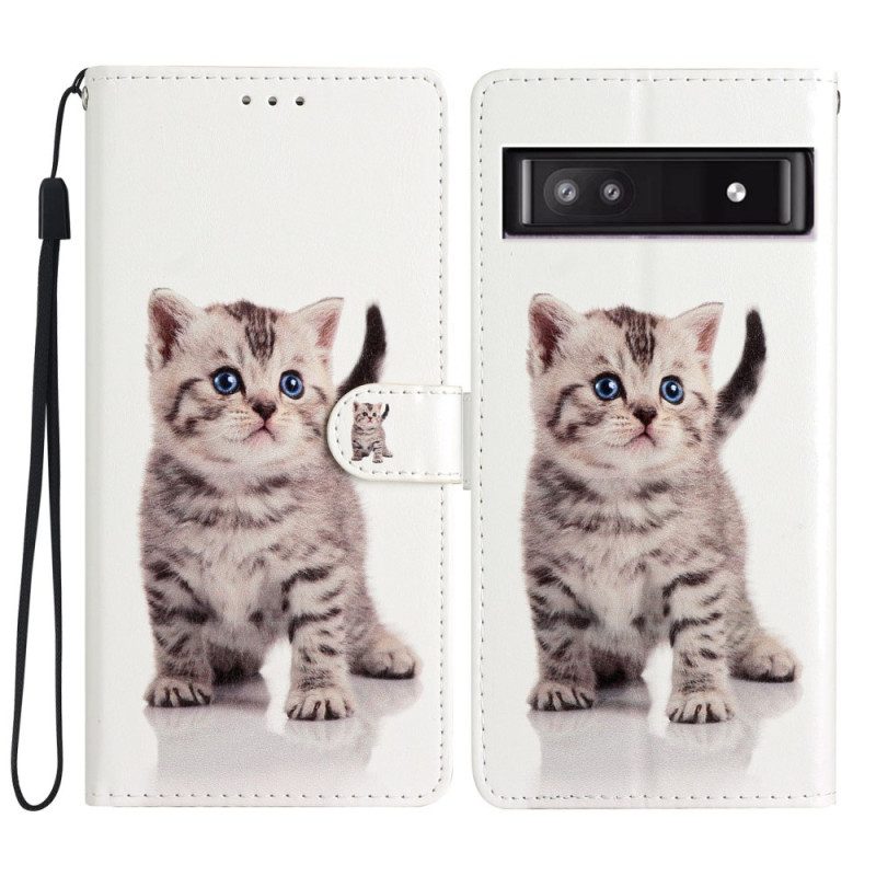 Custodia in pelle Google Pixel 7A Grazioso Gattino Con Cinturino