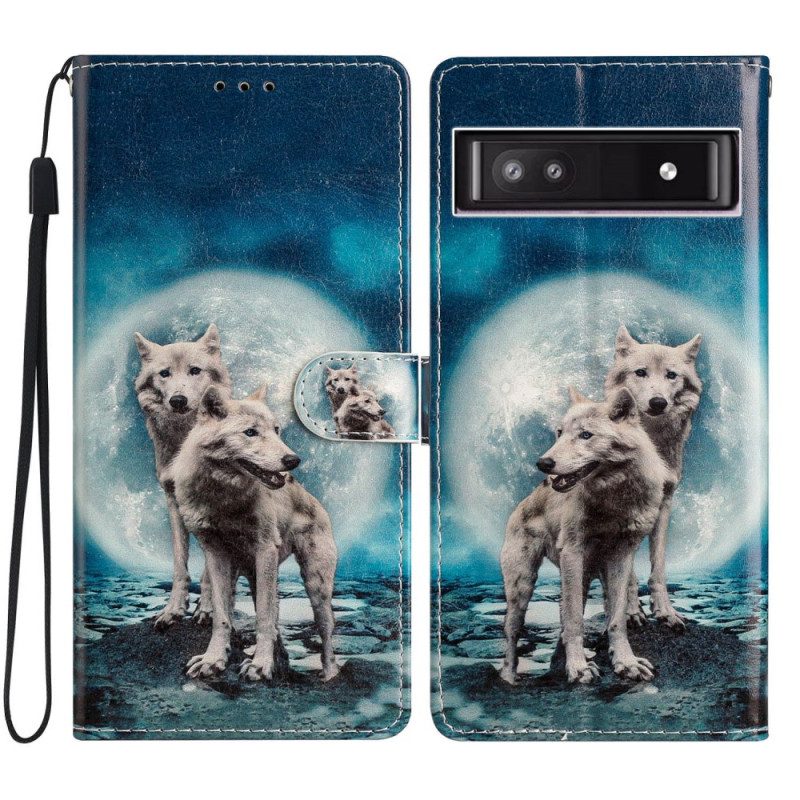 Custodia in pelle Google Pixel 7A Lupi Al Chiaro Di Luna Legati
