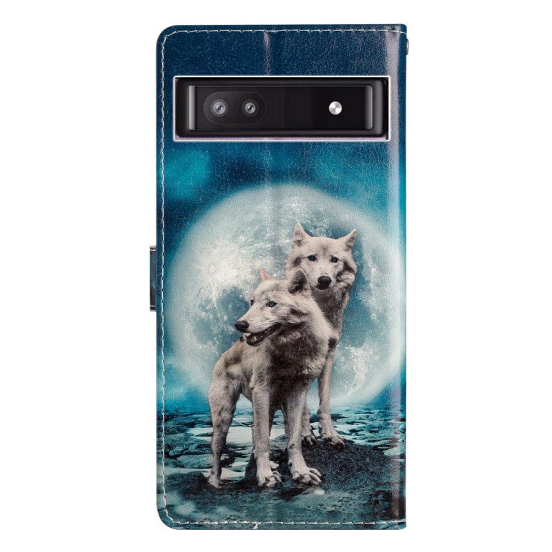 Custodia in pelle Google Pixel 7A Lupi Al Chiaro Di Luna Legati