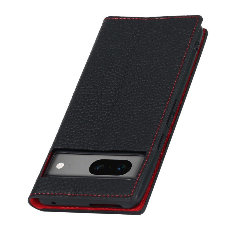 Folio Cover Google Pixel 7A Custodia in pelle Cinturino In Vera Pelle Di Litchi